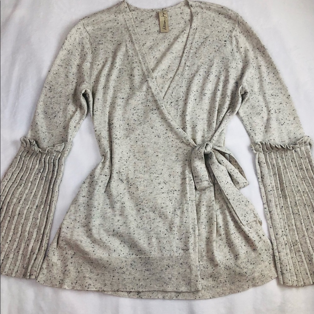 Cream spotted grey wrap top w accordion sleeves by Allison Joy from Evereve